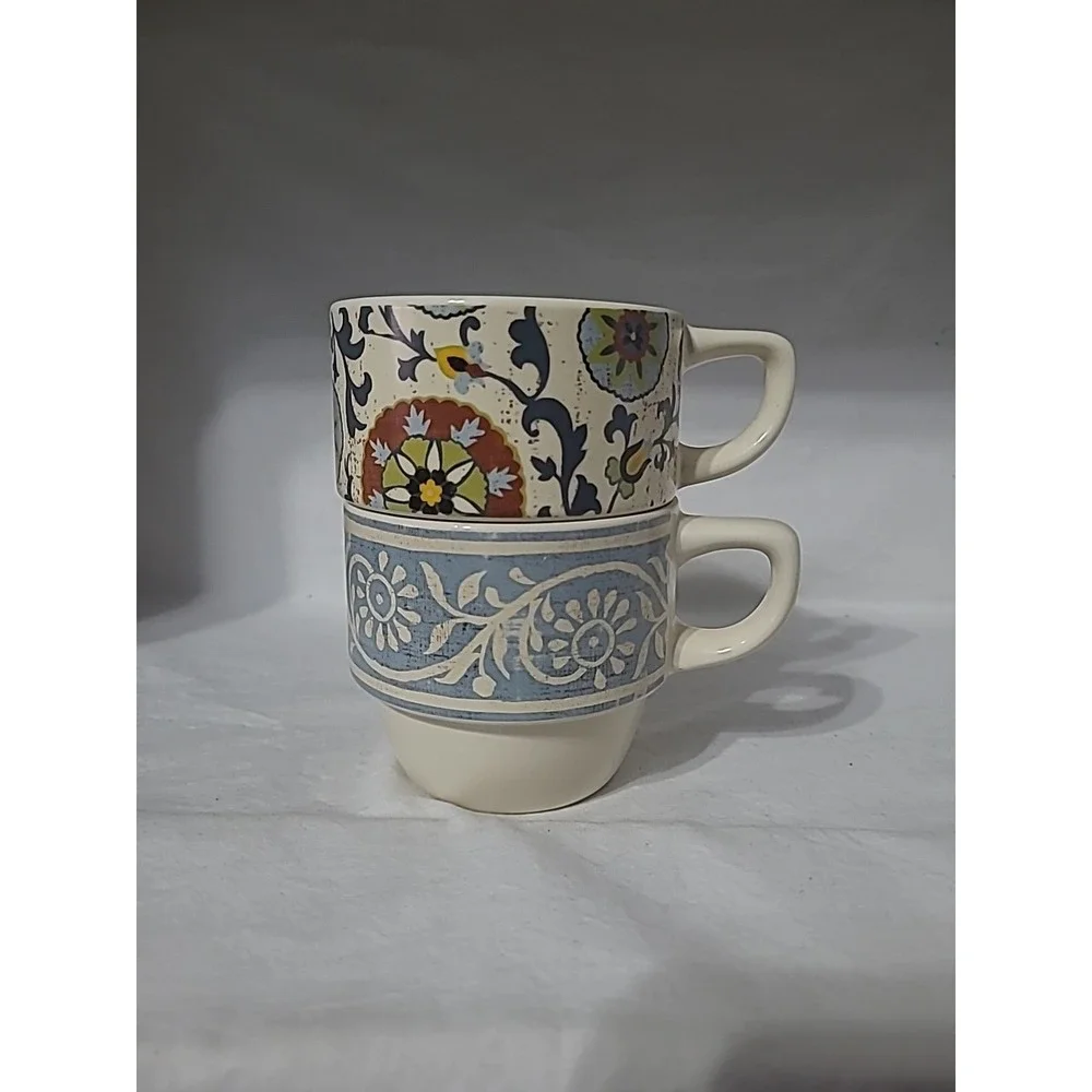 Pier 1 Imports Stoneware Mugs Set of 2 Boho Floral Stackable Coffee Cup